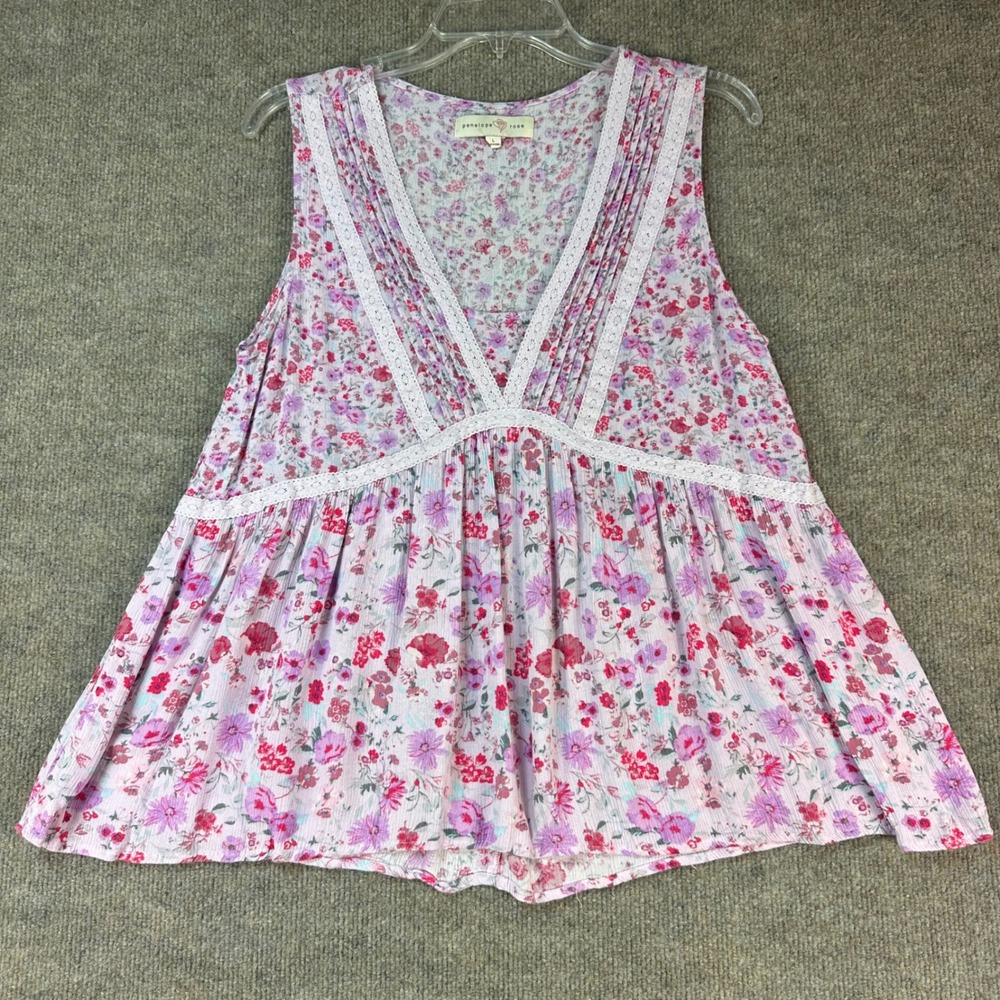 Penelope Rose Pink Floral Lace Trim Pintuck Babydoll Tank Top Large Sz L